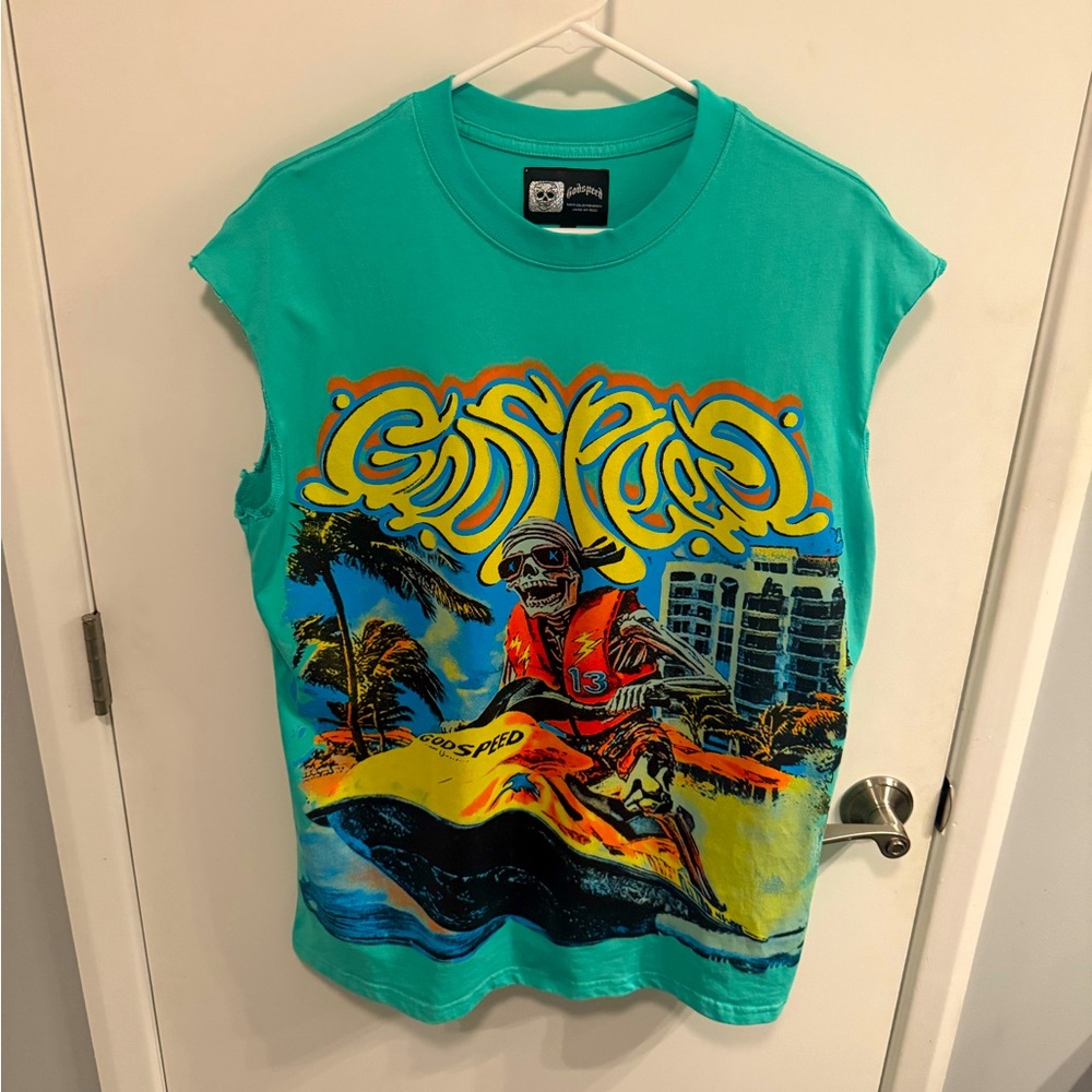 Godspeed Miami Exclusive Jetski T-Shirt cut off blue teal size XL